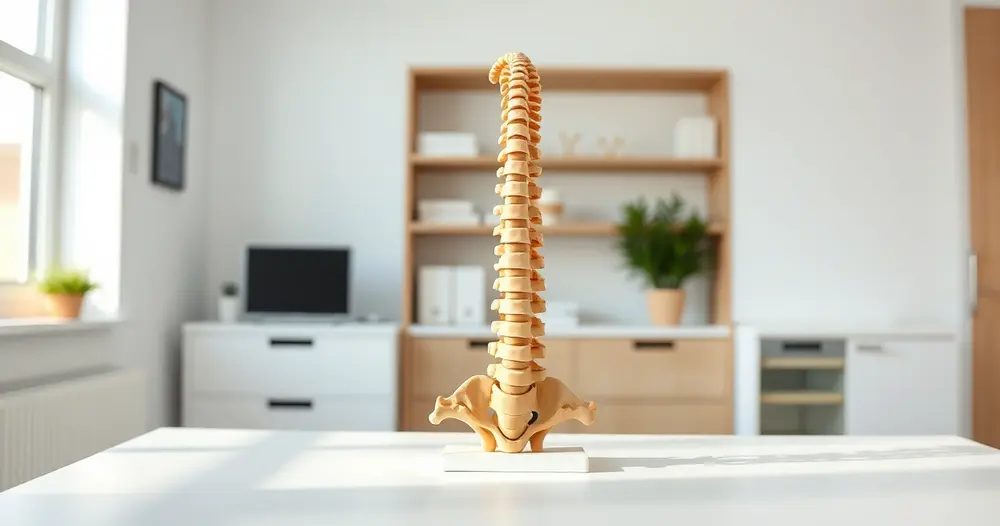 modelo anatômico de coluna vertebral sobre mesa branca de consultório