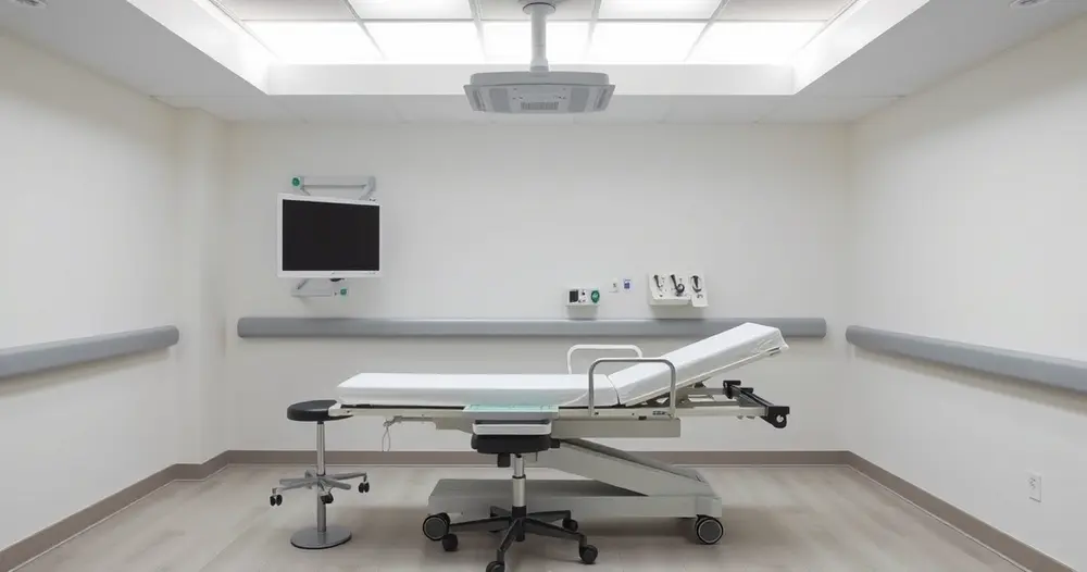sala de exames vazia com maca e monitor desligado em clínica clara