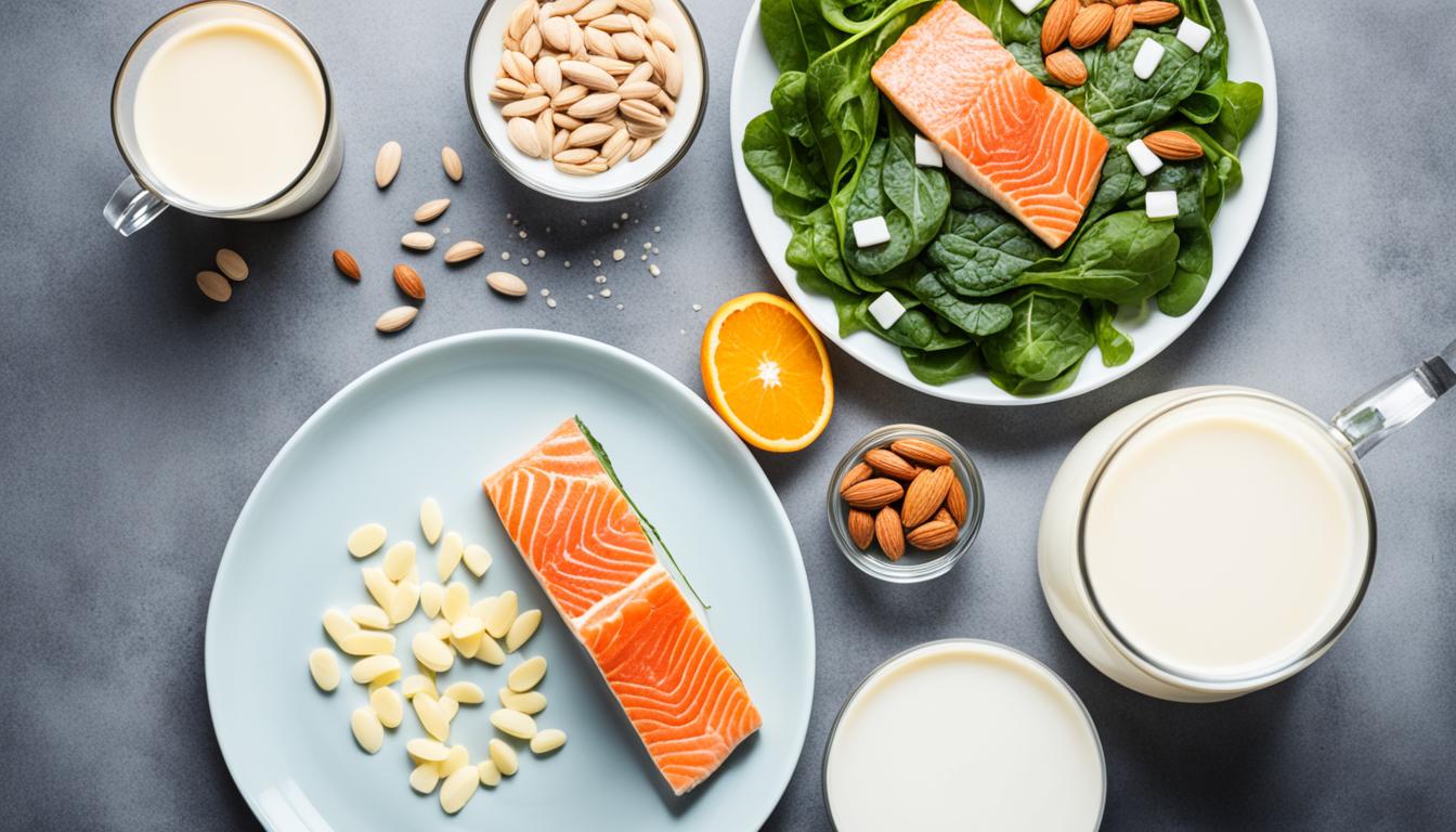 Mesa vista de cima com salmão, castanhas, folhas verdes, laranja e copos de leite