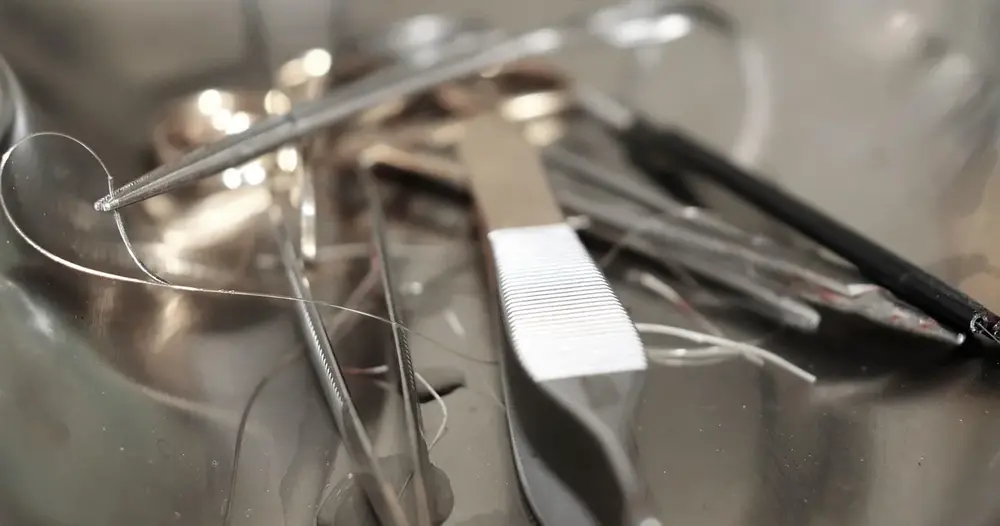 Instrumentos cirúrgicos de aço inoxidável, pinças e tesouras sobre uma bandeja metálica