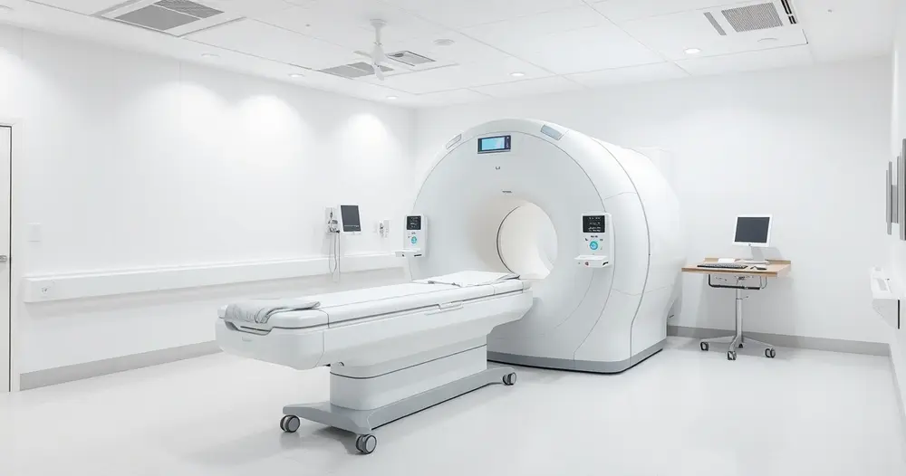 sala de ressonância magnética vazia com o aparelho e a maca em hospital claro